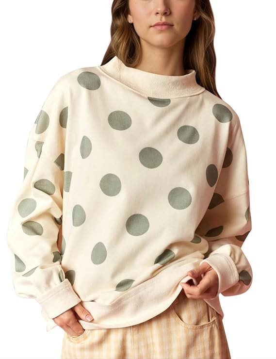 Damen Locker geschnittenes Sweatshirt mit Stehkragen und großen Punkten Drune