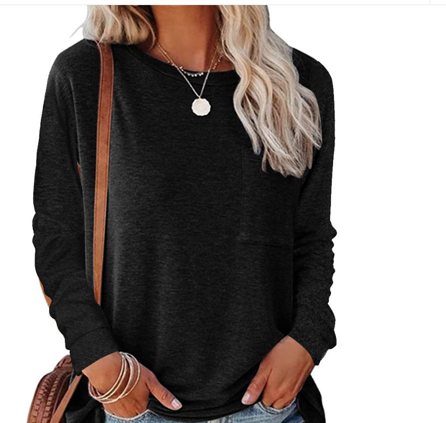 Damen lässiges Langarmshirt mit Taschen und Rundhalsausschnitt Drune