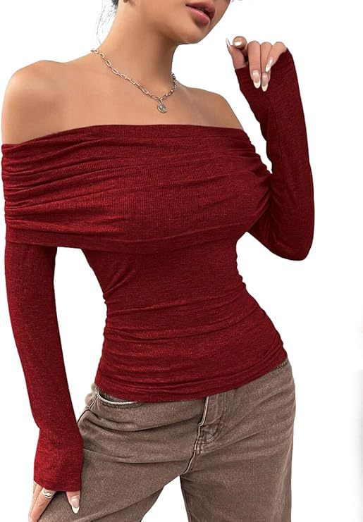 Damen Schulterfreies Ripp-Longsleeve mit weitem Umschlagkragen und taillierter Silhouette Drune