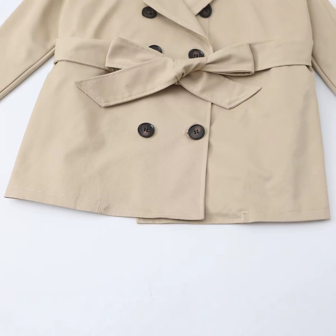 Damen Kurzer Taillierter Trench‑Blouson mit Kapuzenkragen, Schleifenbindegürtel und Raglanärmeln Drune