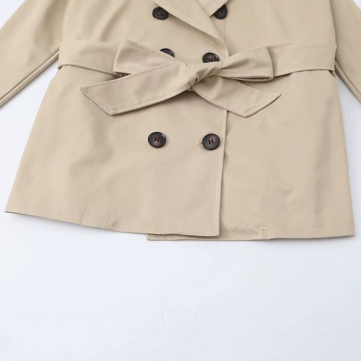 Damen Kurzer Taillierter Trench‑Blouson mit Kapuzenkragen, Schleifenbindegürtel und Raglanärmeln Drune