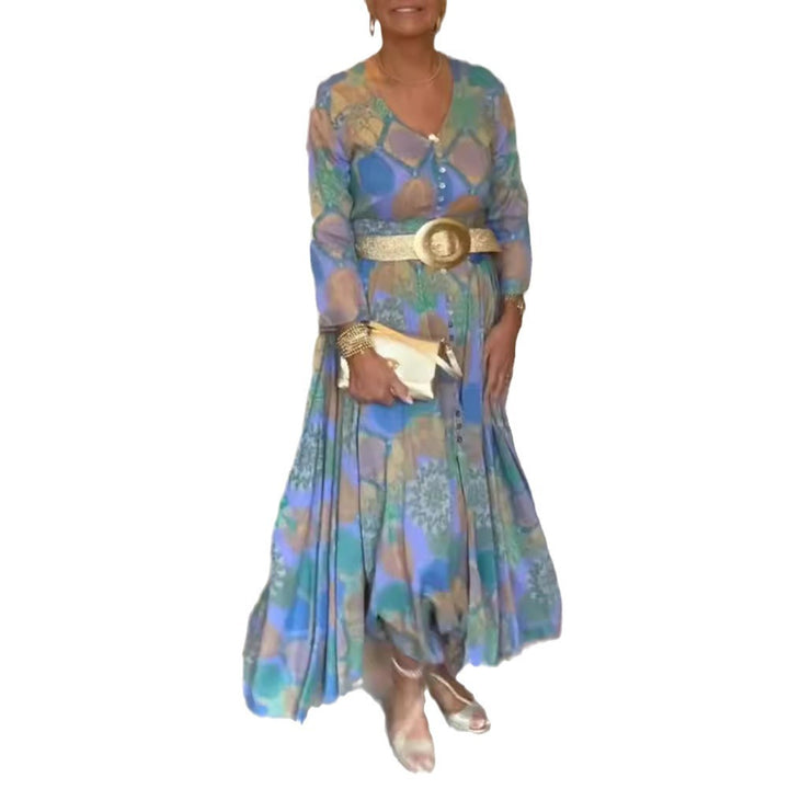 Damen nan gemustertes Maxikleid mit durchgehender Knopfleiste, V-Ausschnitt, langen Ärmeln und plissiertem Rock Drune