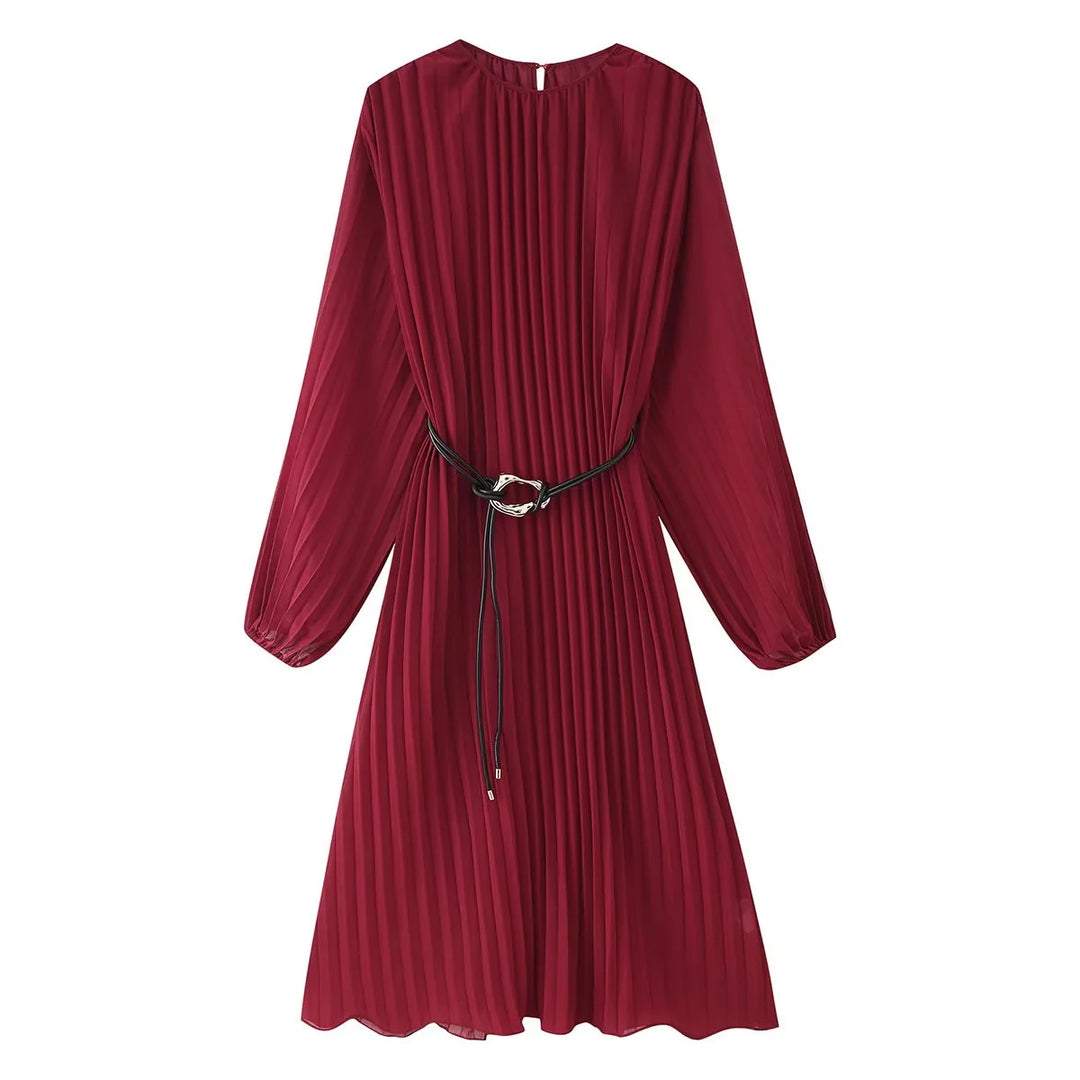 Damen nan plissiertes Midikleid mit langen Ärmeln, Tunnelzug-Taille und feinem Metallring-Gürtel Drune