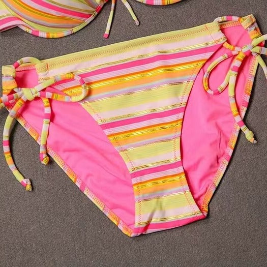 Damen Bikiniset mit farbenfrohem Streifenmuster und dekorativen Rüschen Drune