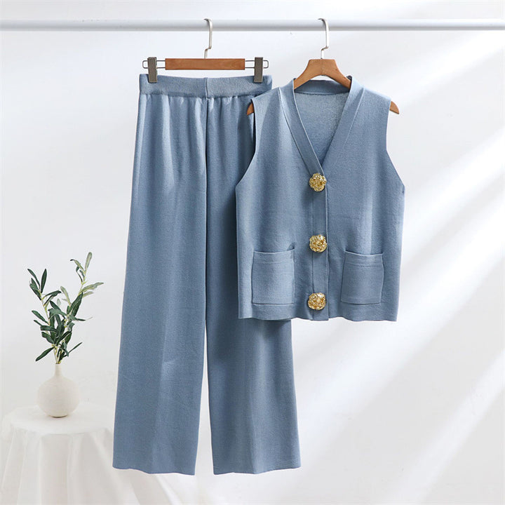 Damen elegantes Strick-Loungewear-Set mit Knopfdetaillierung Drune