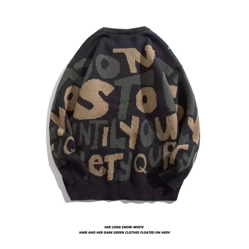 Damen Grobstrickpullover mit kreativen Schriftzügen Drune