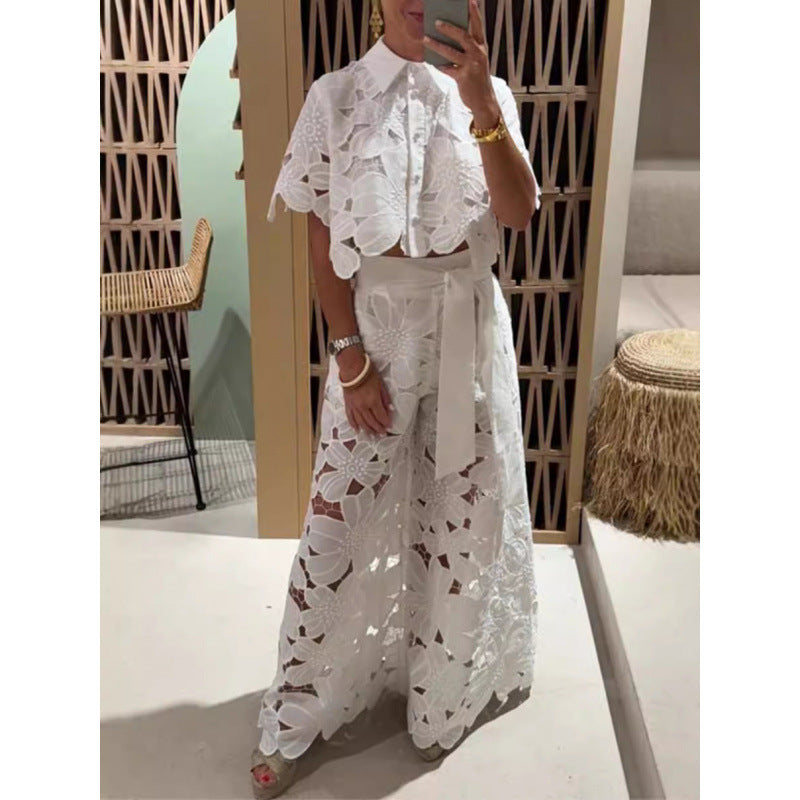 Damen Zweiteiliges Spitzen-Set mit Blumenstickerei und Palazzohose Drune