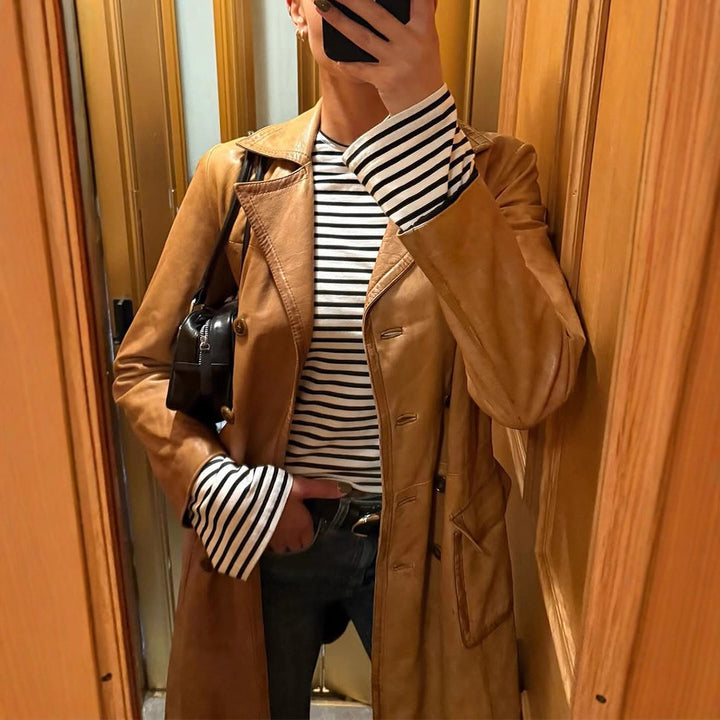 Damen Langer taillierter Leder‑Trenchcoat mit doppelreihiger Knopfleiste und Reverskragen Drune