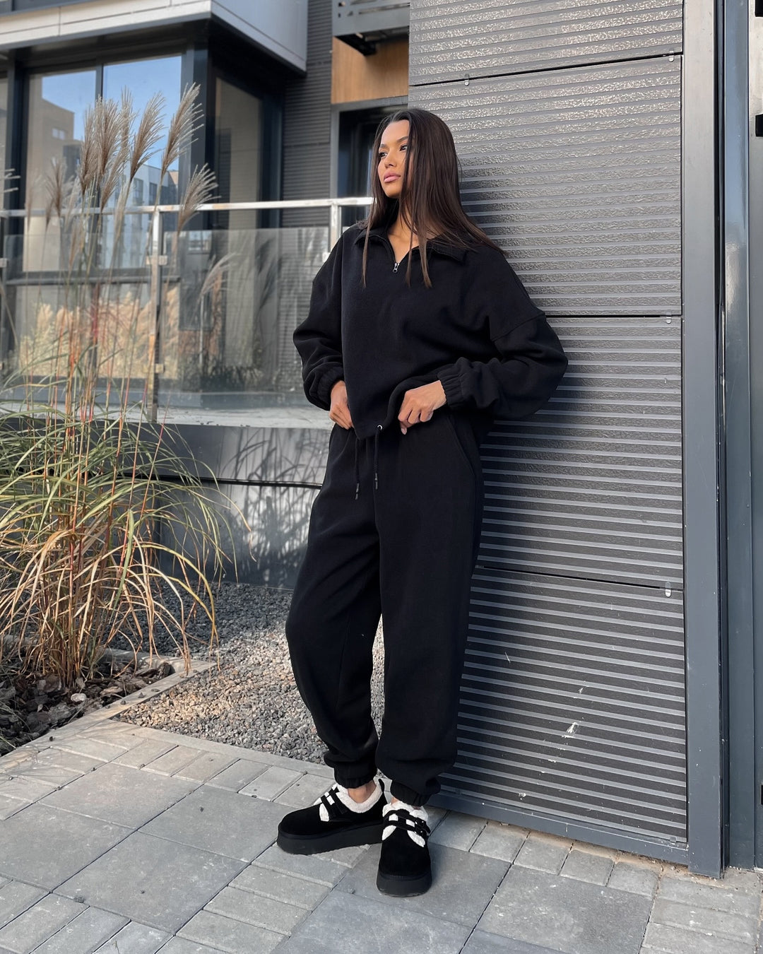 Damen Ultraweiches Fleece-Relaxset mit Stehkragen, halbem Reißverschluss und elastischer Schlupfhose Drune