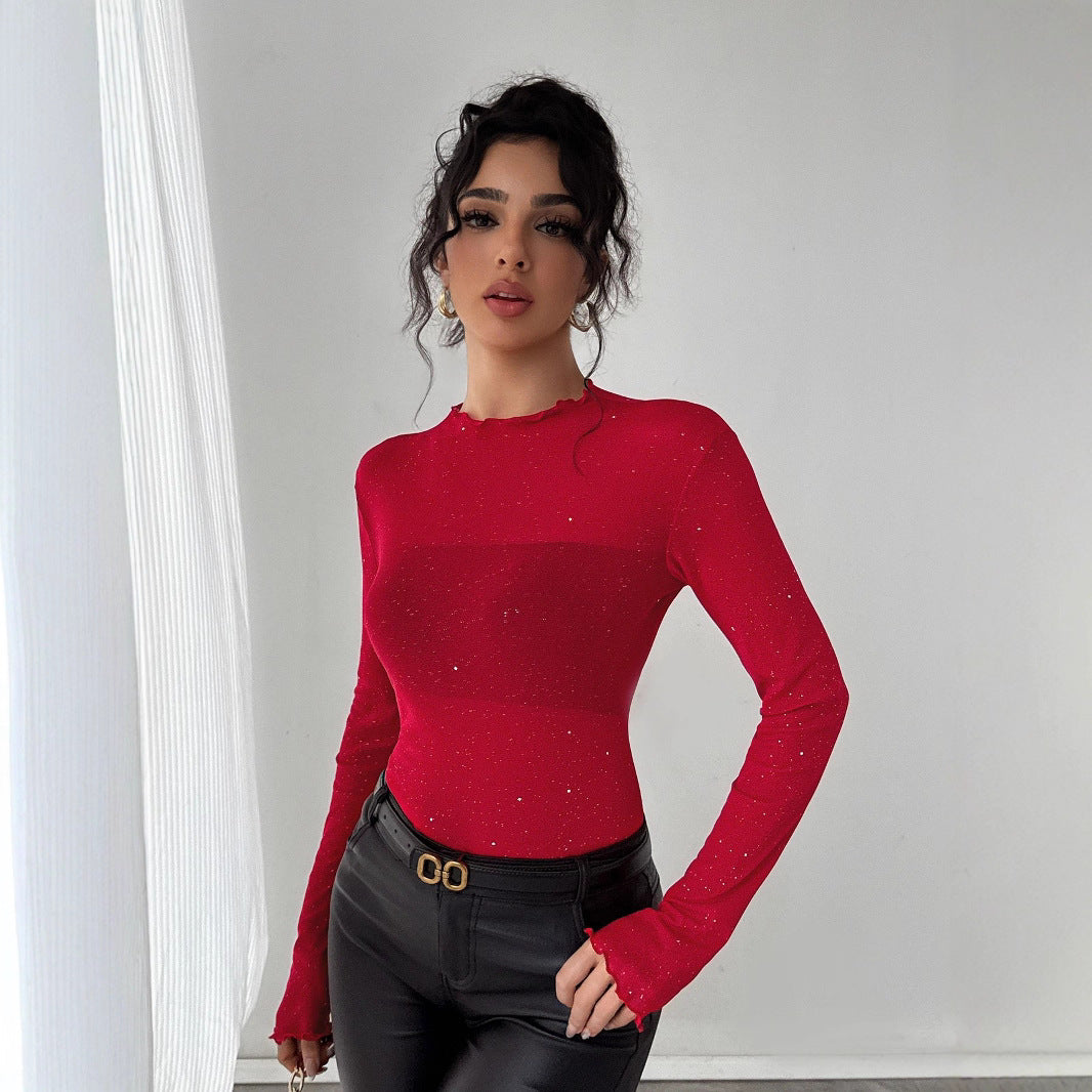 Damen nan figurbetontes Feinstrickoberteil mit Stehkragen und Glitzergarn Drune