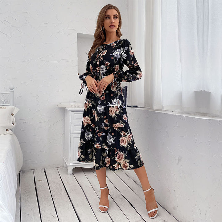 Damen Blumiges Stufen-Midikleid mit Taillenschnürung und Ballonärmeln Drune