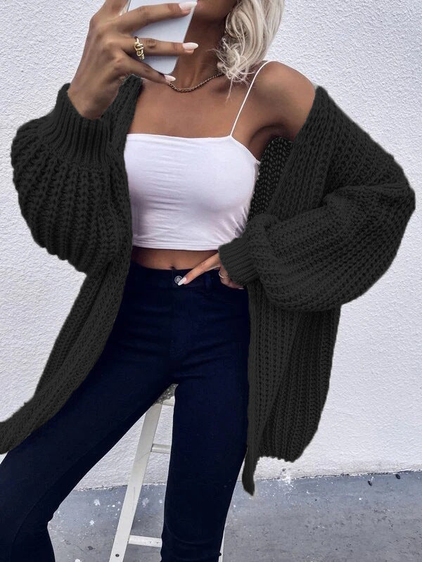 Damen Grobstrick-Cardigan mit voluminösen Ärmeln und offener Vorderseite Drune