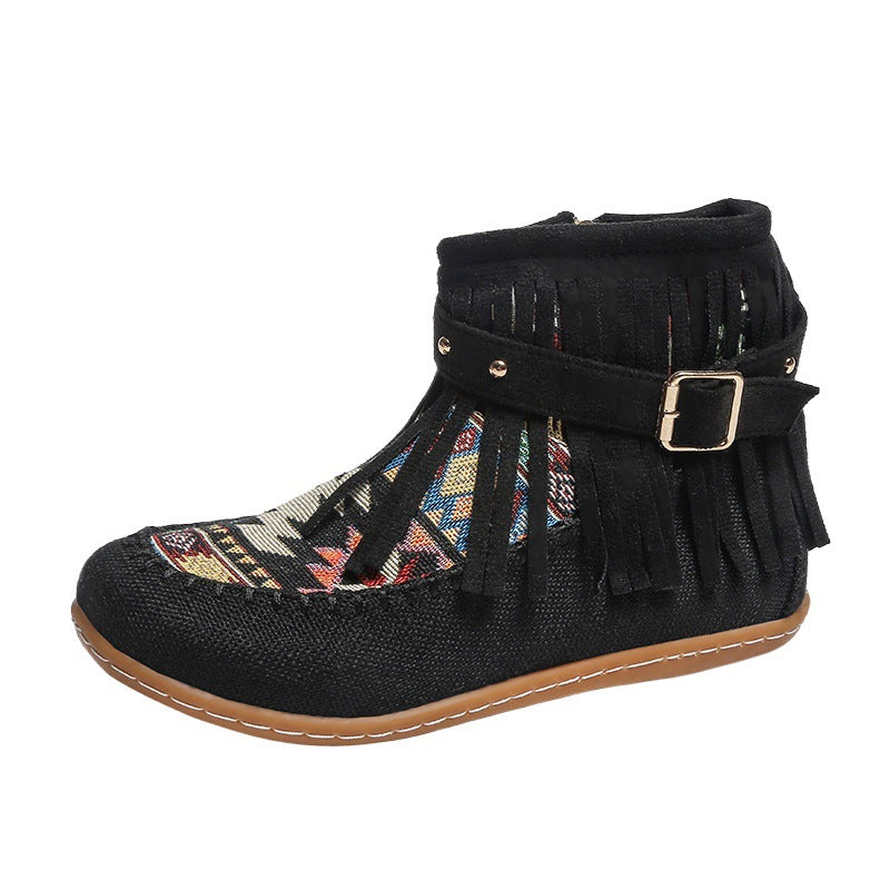 Damen Fransen-Short-Boots aus hochwertigem Stoff mit buntem Ethno-Muster Drune