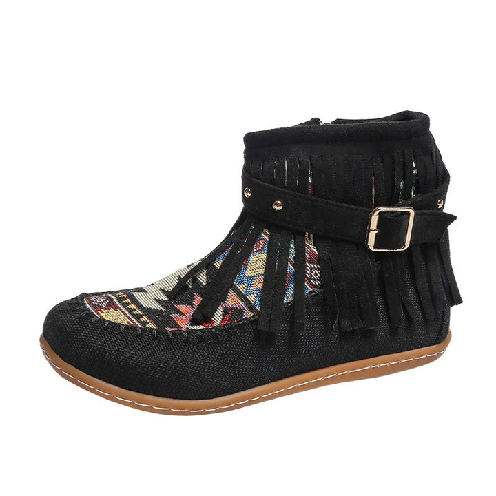 Damen Fransen-Short-Boots aus hochwertigem Stoff mit buntem Ethno-Muster Drune