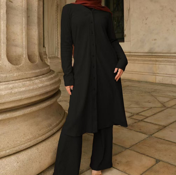 Damen Modestisches Knopf-Tunika-Set mit gerader Silhouette, langen Ärmeln und weitem Palazzo-Hosenbein Drune