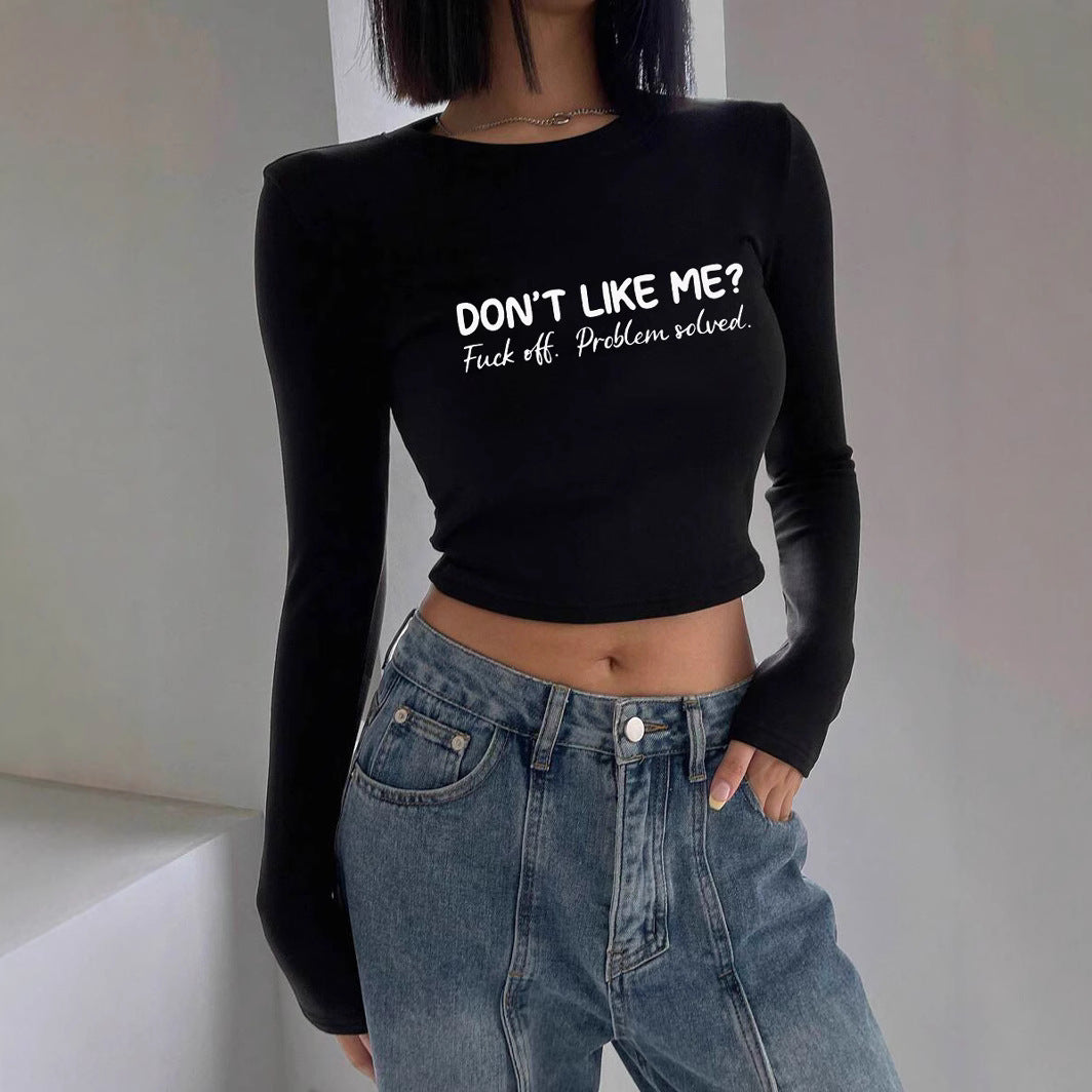 Damen nan figurbetontes langärmeliges Cropped-Shirt mit fotorealistischer Lippen-Collage und schmaler Passform Drune