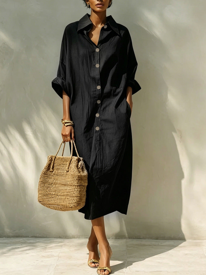 Damen Langes Oversize-Hemdblusenkleid mit Kentkragen und durchgehender Knopfleiste Drune