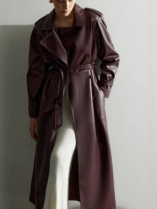 Damen elegante Kunstleder-Trenchcoatjacke mit Gürtel und modischen Details Drune