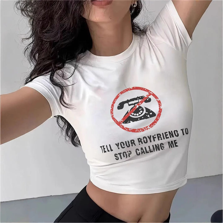 Damen Crop-T-Shirt mit modernem Grafiken-Aufdruck Drune