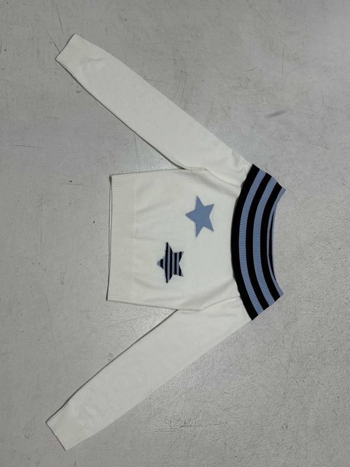 Damen Schulterfreier Feinstrick-Pullover mit Umschlagkragen und Stern-Applikation Drune