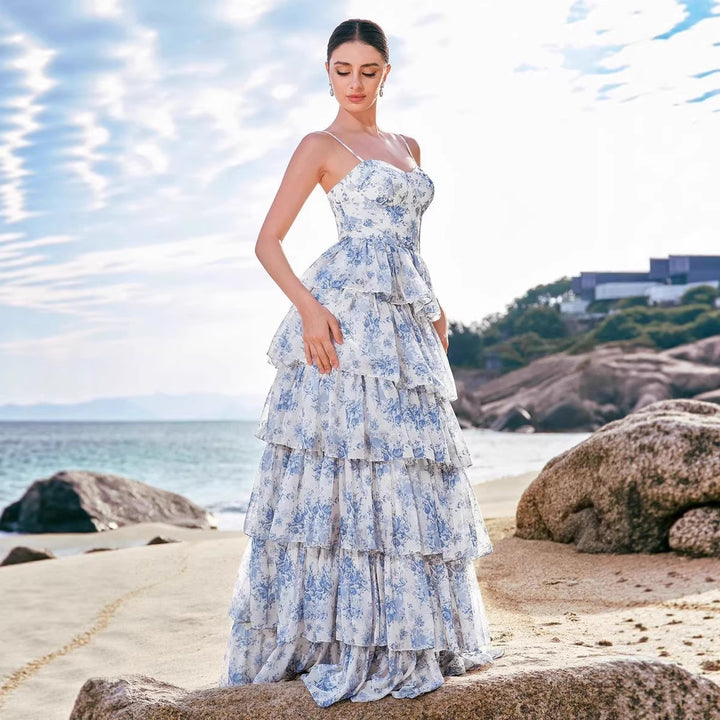 Damen Boho-Chic Maxikleid mit floralen Volant-Details und herzförmigem Ausschnitt Drune