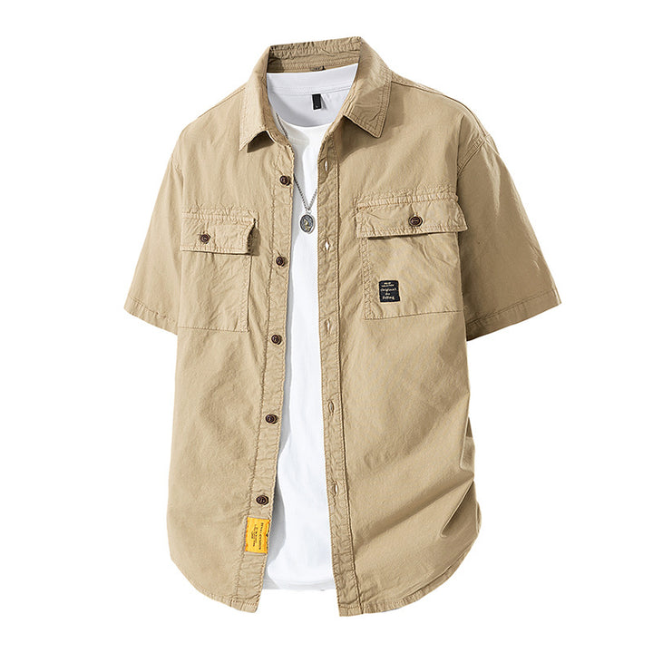 Herren Kurzarm-Fieldshirt im Overshirt-Look mit doppelten Brustklappen, verstärkten Nähten und gerundetem Saum Drune