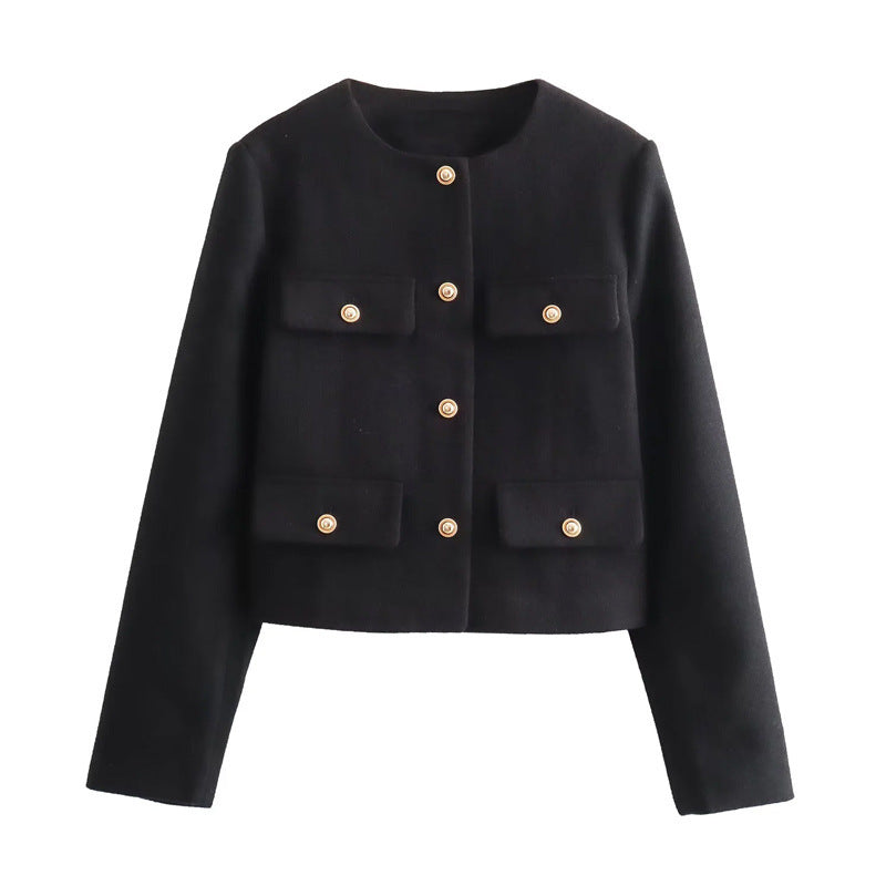 Damen Modische Kurzjacke mit dekorativen Knöpfen und praktischen Taschen Drune