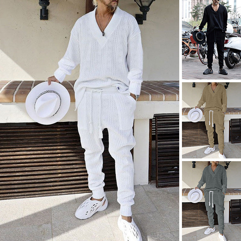 Herren Strukturiertes Strick-Loungewear-Set mit V-Ausschnitt und Tunnelzug-Jogginghose Drune