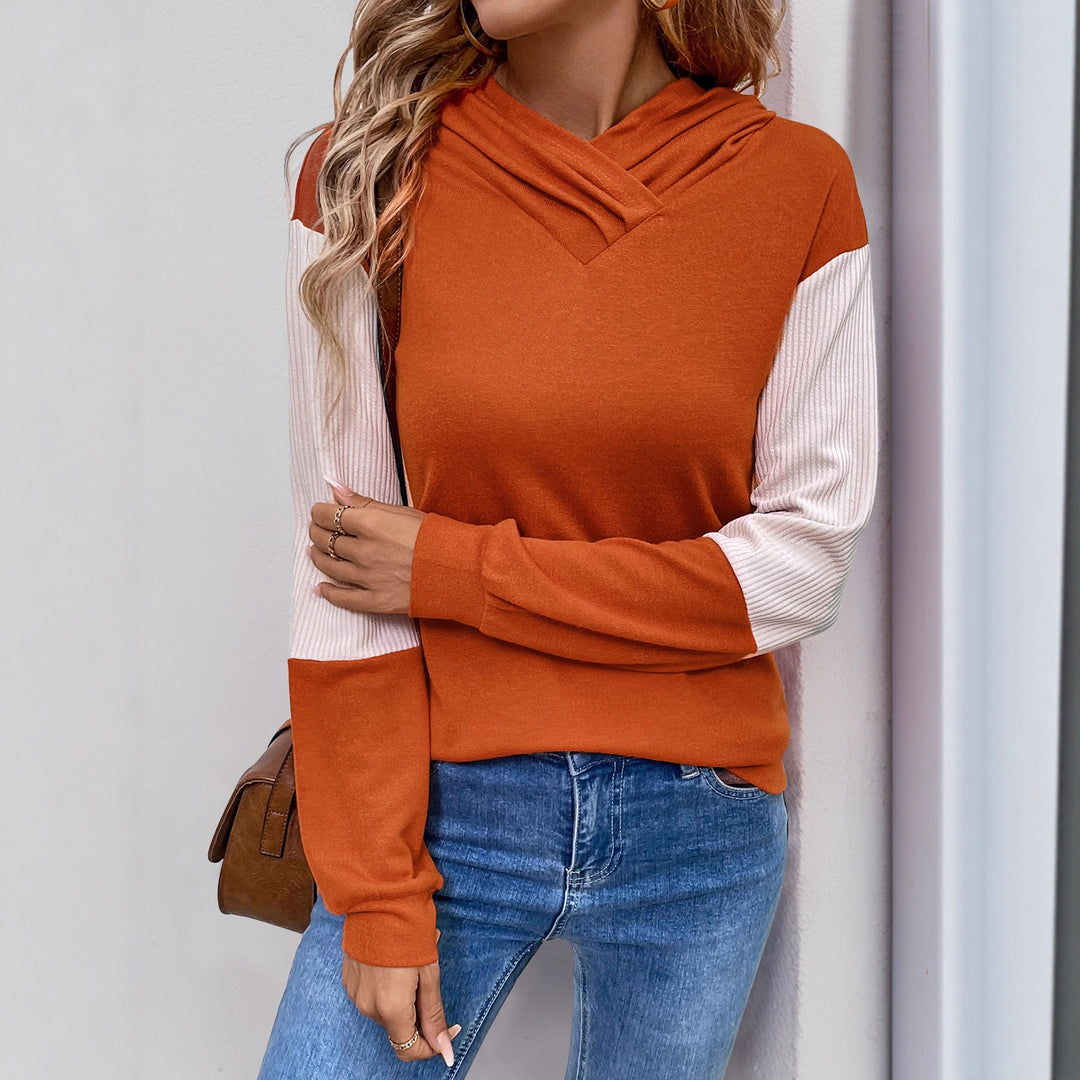 Damen Lässiger Kapuzenpullover mit V‑Kragen, Kontrastärmeln und Rippbündchen Drune