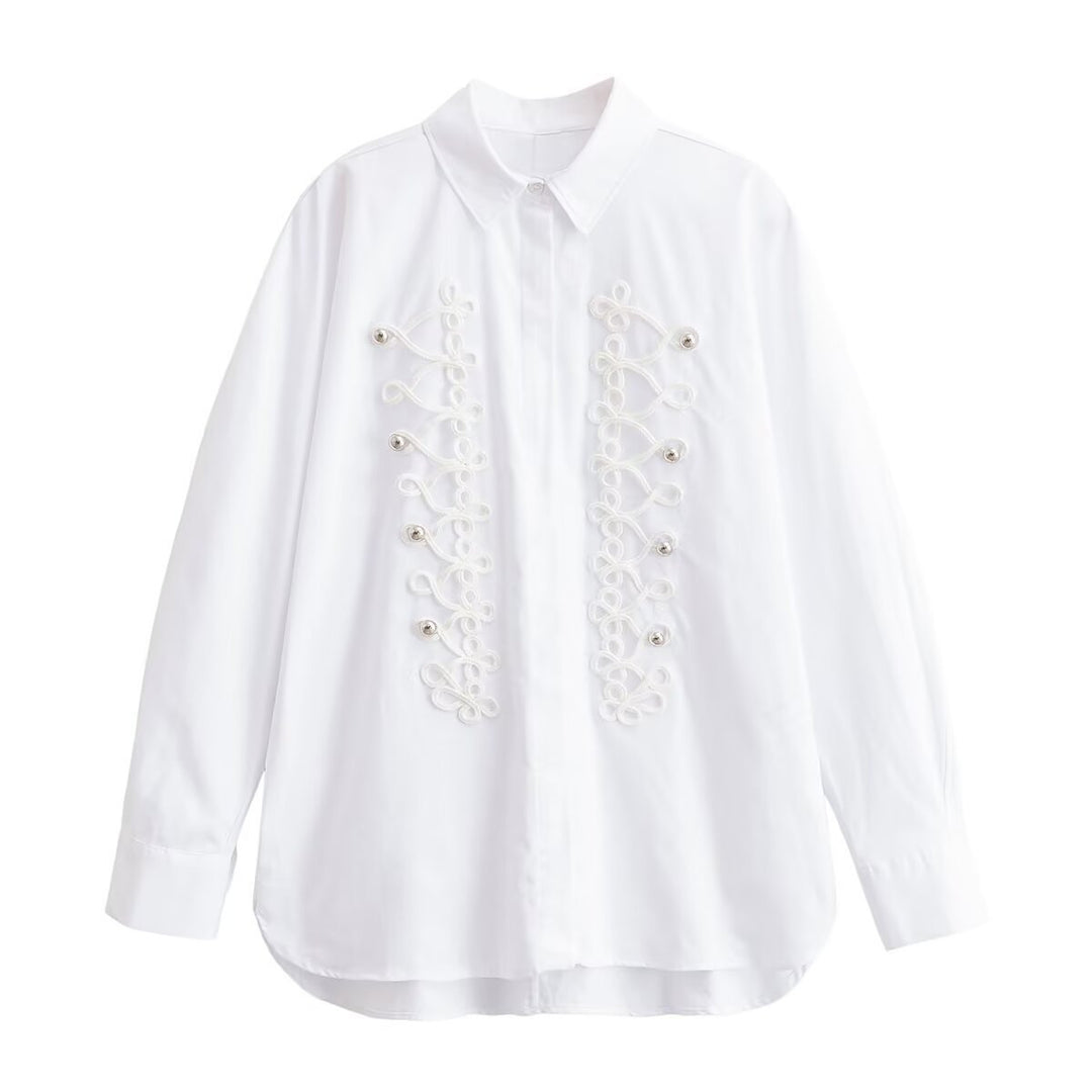 Damen Bluse mit dekorativen Froschverschlüssen und Zierkordeln Drune