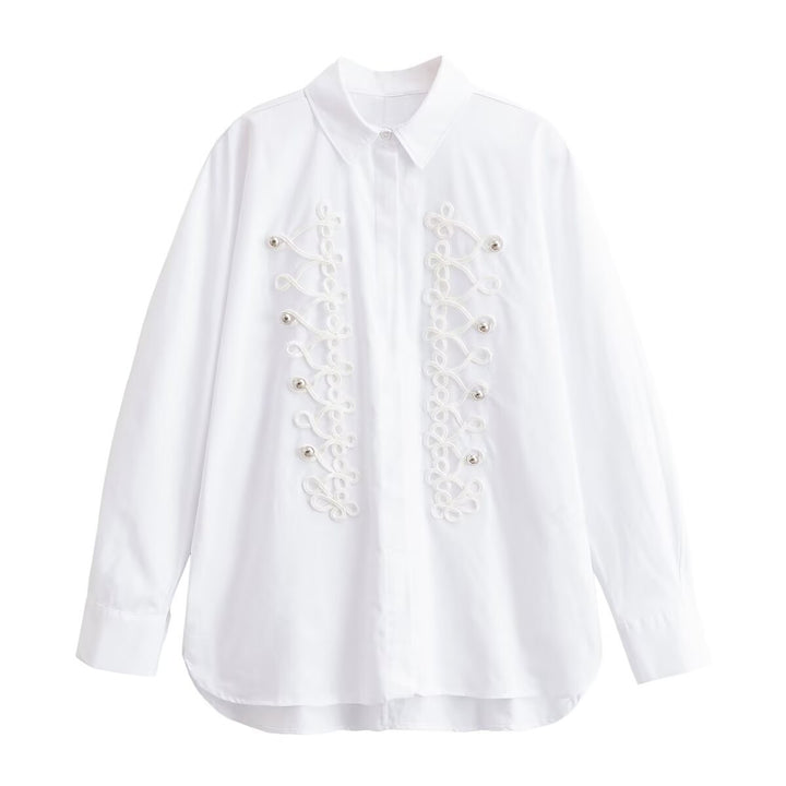 Damen Bluse mit dekorativen Froschverschlüssen und Zierkordeln Drune