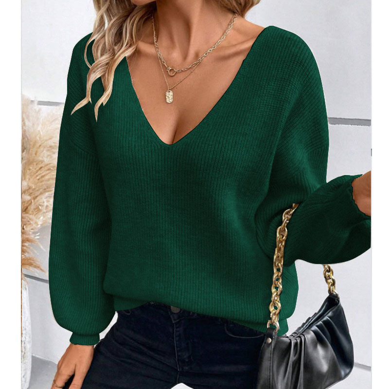 Damen Strickpullover mit tiefem V-Ausschnitt und dekorativem Schleifen-Detail Drune