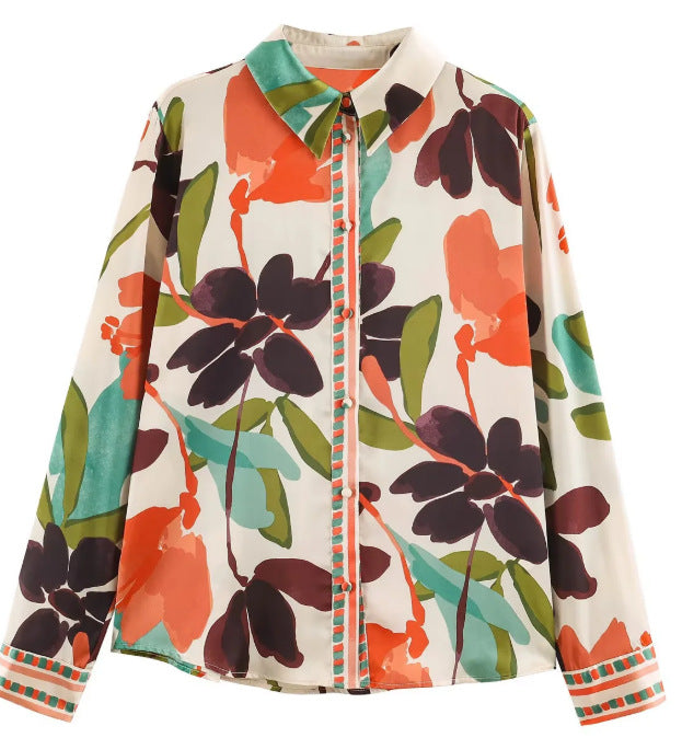 Damen Seidenähnliche Hemdbluse mit abstraktem Blumenprint und Zierpaspel Drune