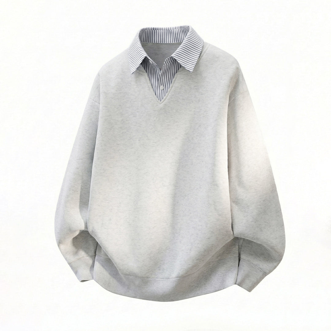 Unisex Oversize-Pullover im Lagenlook mit eingearbeitetem Hemdkragen und V-Ausschnitt Drune