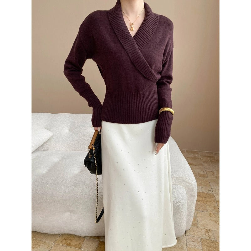 Damen eleganter Wickelpullover mit breitem Rippbund Drune