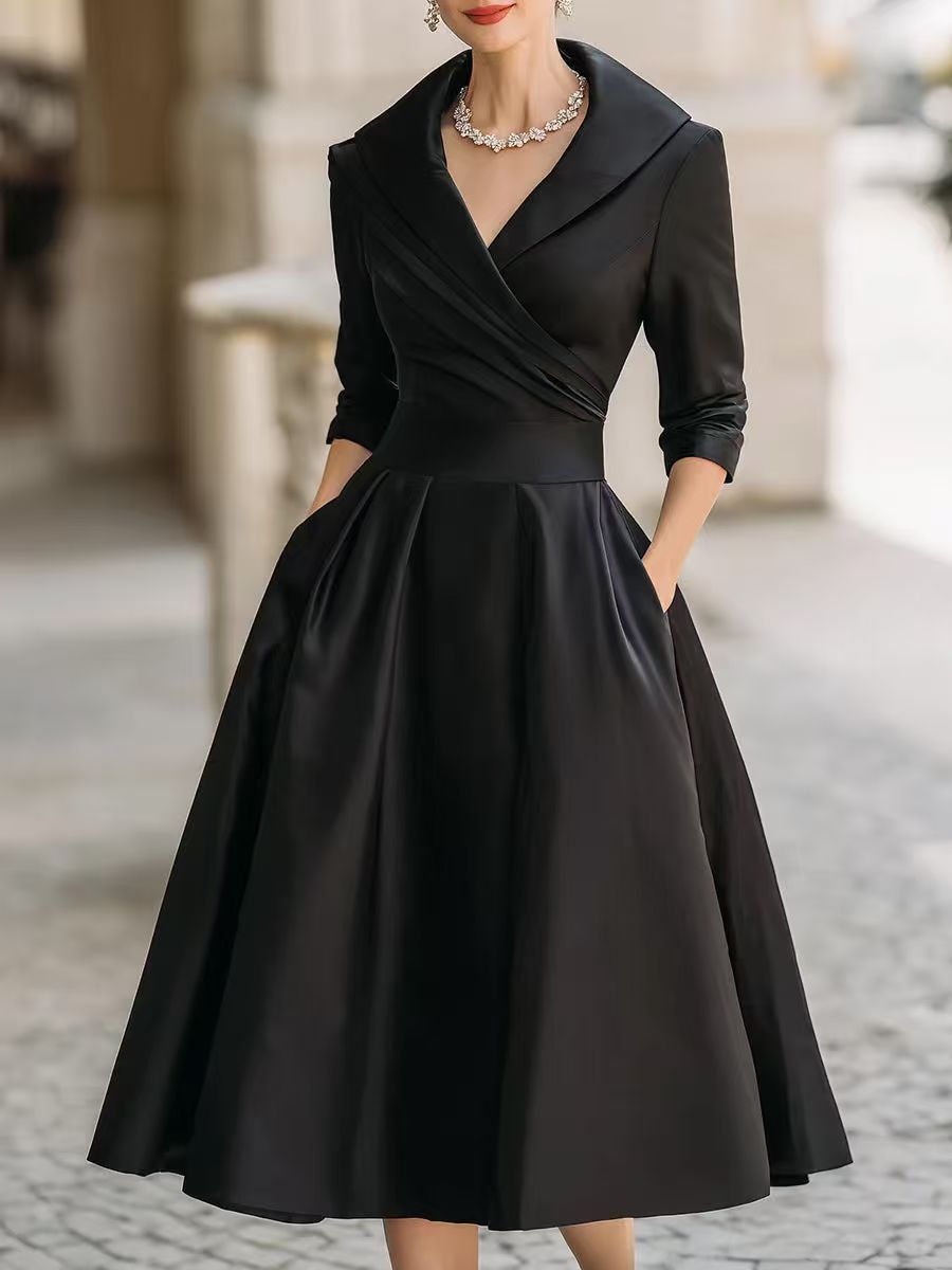 Damen nan elegantes Midikleid mit Wickeloberteil, Dreiviertelärmeln und Eingrifftaschen Drune