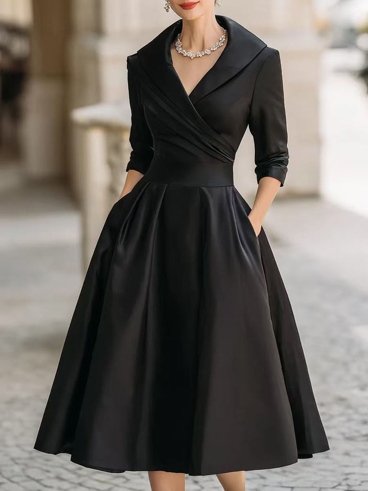 Damen nan elegantes Midikleid mit Wickeloberteil, Dreiviertelärmeln und Eingrifftaschen Drune