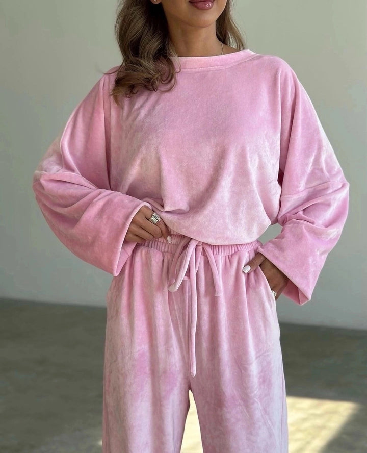 Damen luxuriöses Samt-Relax-Set mit Oversize-Crewneck und hochgeschnittener Gummibund-Jogger Drune
