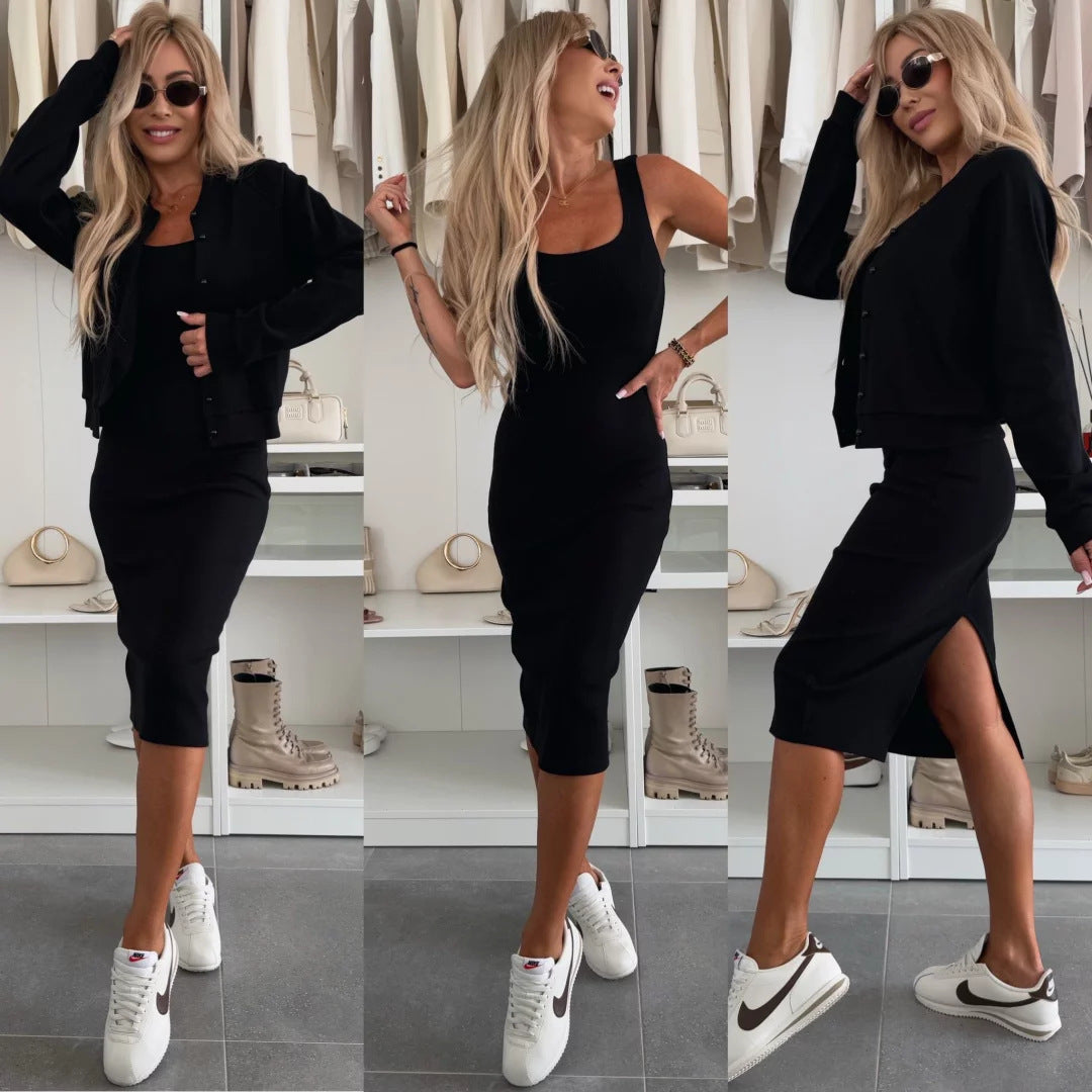 Damen figurbetontes Strick-Midikleid mit passender Kurzjacke und Rundhalsausschnitt Drune