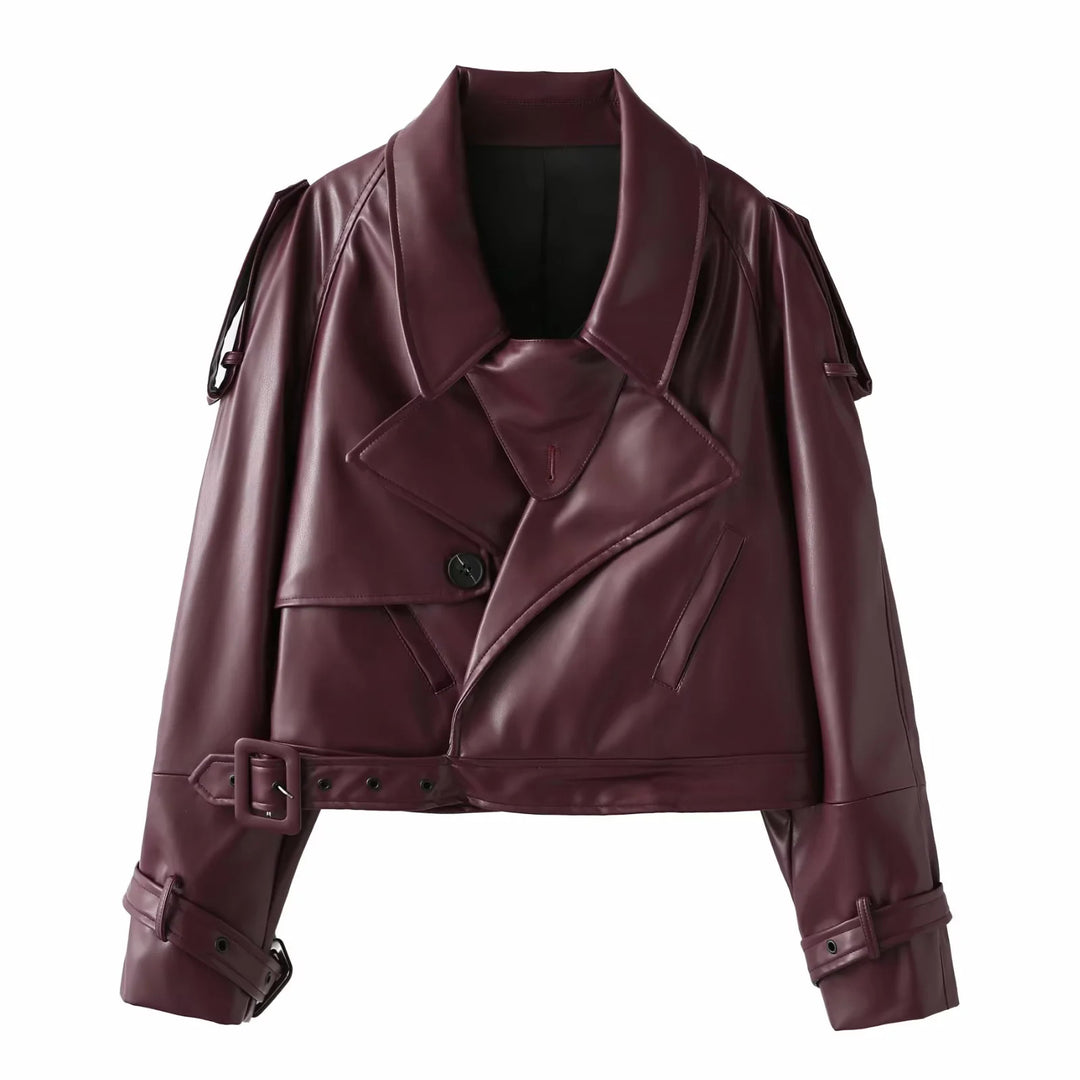 Damen nan cropped Kunstleder-Trenchblouson mit Schalkragen, Taillengürtel und verstellbaren Manschettenriemen Drune