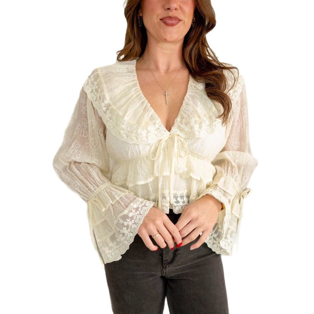 Damen romantische Bluse mit Spitzenverzierungen und Rüschendetails Drune