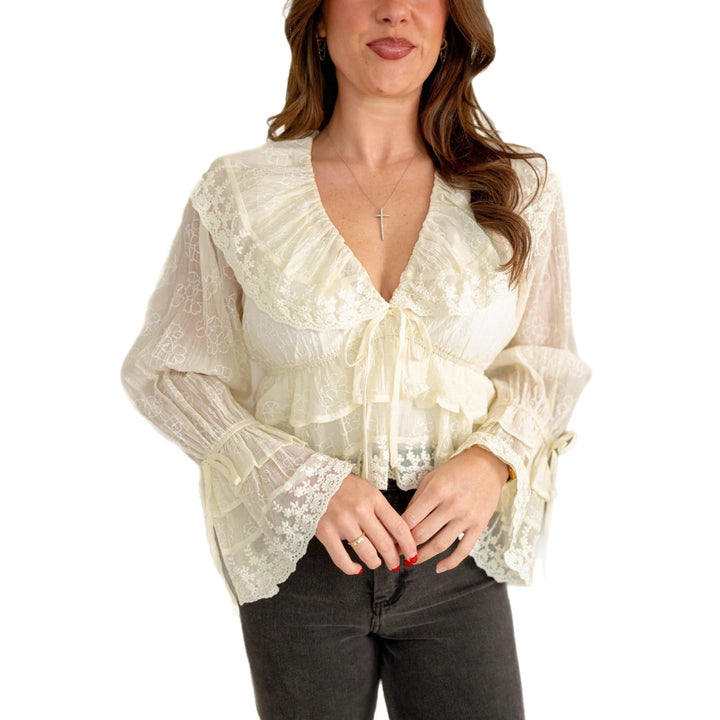 Damen romantische Bluse mit Spitzenverzierungen und Rüschendetails Drune