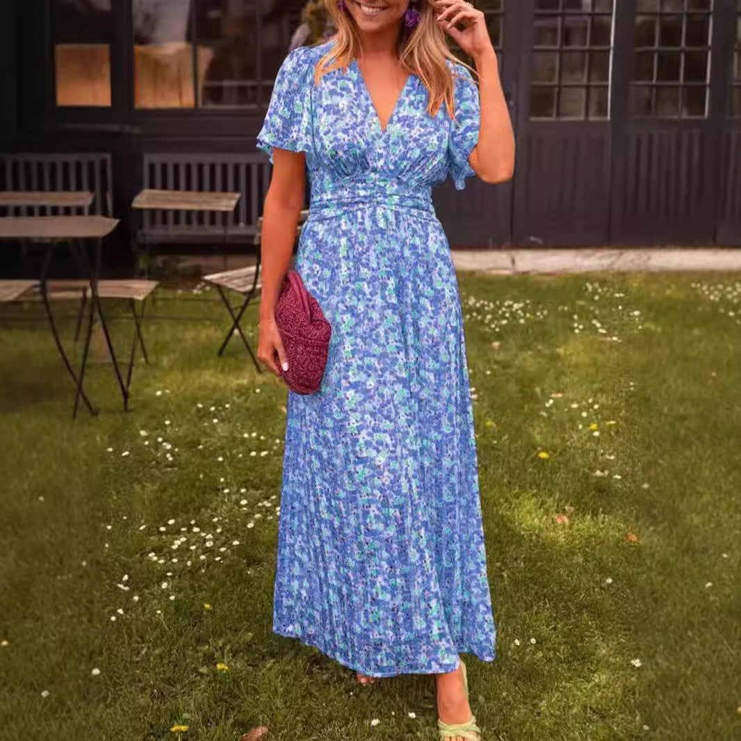 Damen Maxikleid mit elegantem Blumenmuster und tiefem V-Ausschnitt Drune