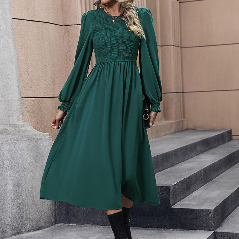 Damen Midikleid mit Smokoberteil, langen Ballonärmeln und ausgestelltem Rock Drune