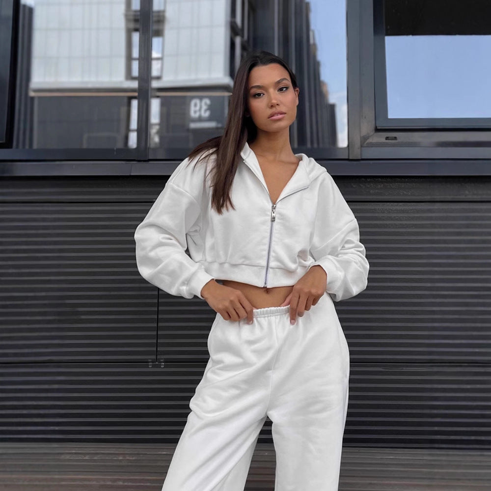 Damen Zweiteiliges Cropped-Zip-Hoodie Set mit taillenhoher Relax-Jogginghose und elastischem Bund Drune