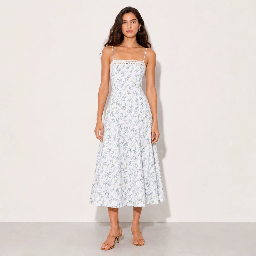 Damen nan Vintage-inspiriertes Midikleid mit schmalen Spaghettiträgern, Spitzenpassé und ausgestelltem Tellerrock Drune