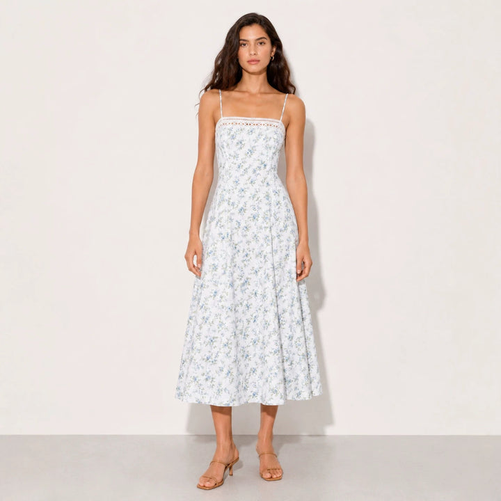 Damen nan Vintage-inspiriertes Midikleid mit schmalen Spaghettiträgern, Spitzenpassé und ausgestelltem Tellerrock Drune