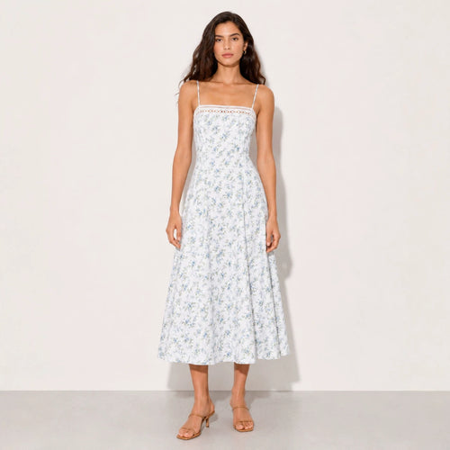 Damen nan Vintage-inspiriertes Midikleid mit schmalen Spaghettiträgern, Spitzenpassé und ausgestelltem Tellerrock Drune