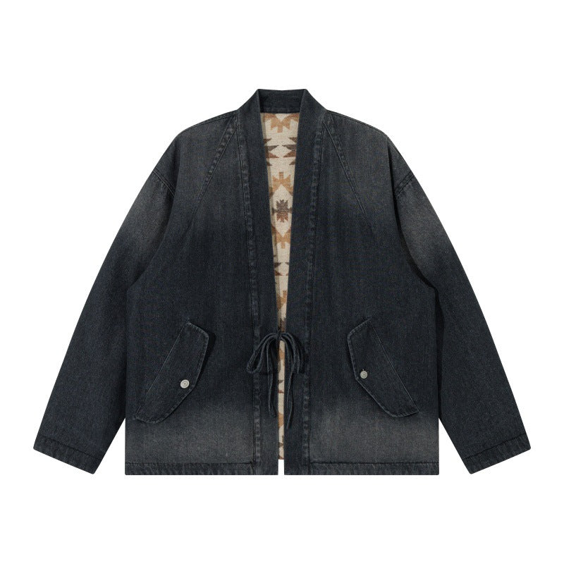 Unisex Jeans-Kimonojacke mit Bindegürtel und gemusterter Futterung Drune