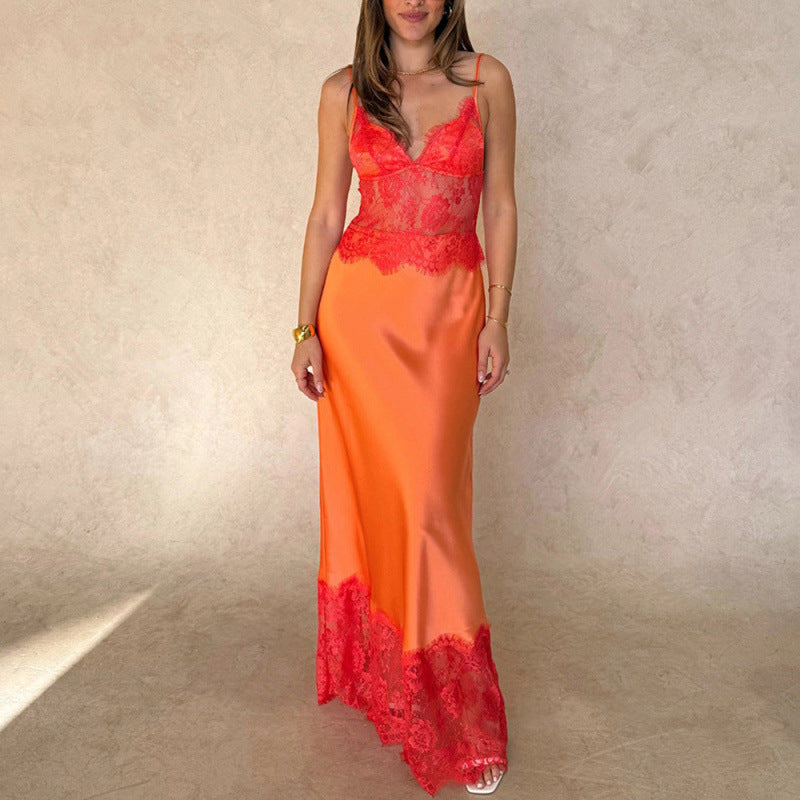 Damen Elegantes Nachtkleid mit transparentem Spitzeneinsatz und verstellbaren Trägern Drune